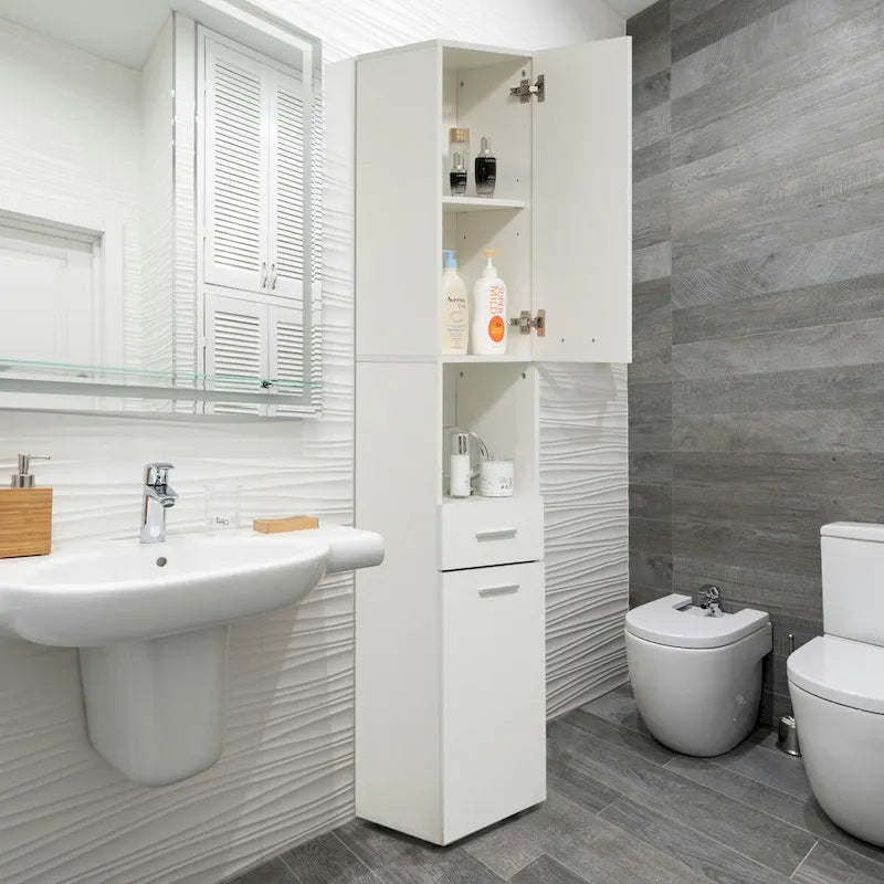 White Tall Freestanding Linen Tower Cabinet with 2 Doors, 1 Drawer and Open Shelf, Single