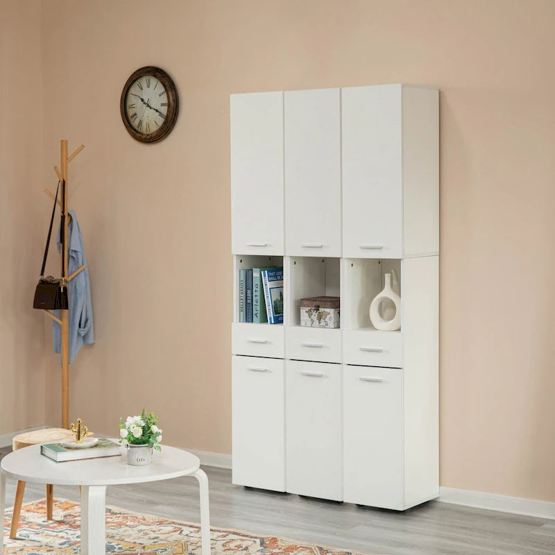 White Tall Freestanding Linen Tower Cabinet with 2 Doors, 1 Drawer and Open Shelf, Single
