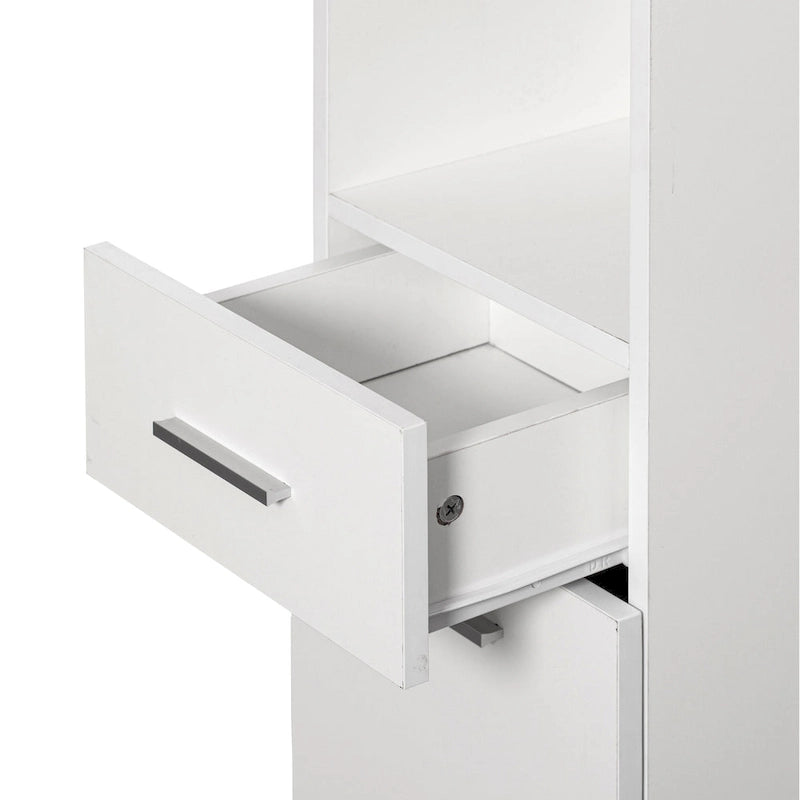 White Tall Freestanding Linen Tower Cabinet with 2 Doors, 1 Drawer and Open Shelf, Single