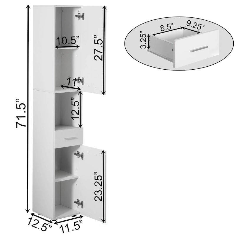 White Tall Freestanding Linen Tower Cabinet with 2 Doors, 1 Drawer and Open Shelf, Single
