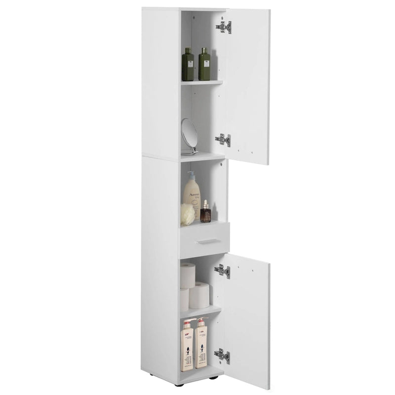 White Tall Freestanding Linen Tower Cabinet with 2 Doors, 1 Drawer and Open Shelf, Single