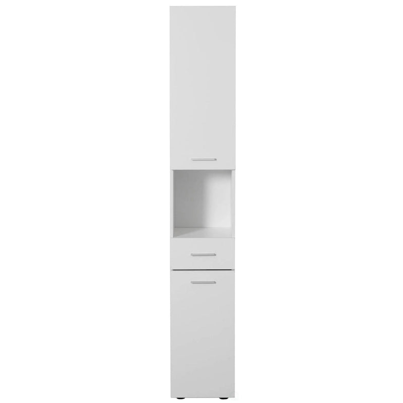 White Tall Freestanding Linen Tower Cabinet with 2 Doors, 1 Drawer and Open Shelf, Single