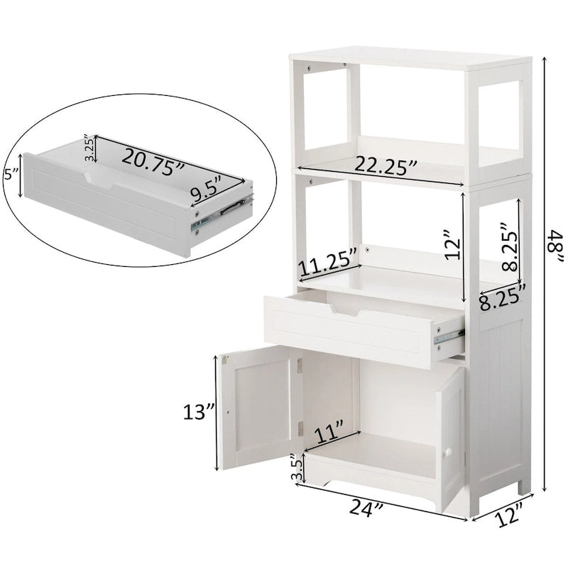 Tall Freestanding Wooden Storage Vanity, Kitchen Pantry, and Bathroom Cabinet Organizer, A drawer and 2 Door Cabinet, White