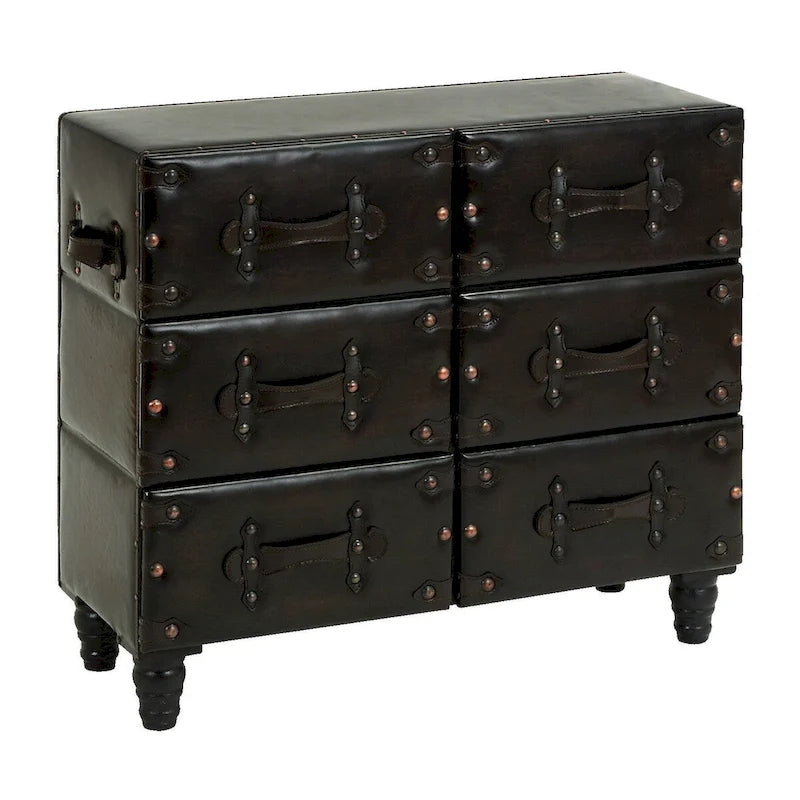 Black 6-Drawer Faux Leather Storage Chest with Rivet Detail