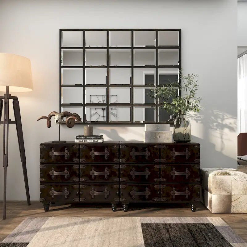 Black 6-Drawer Faux Leather Storage Chest with Rivet Detail