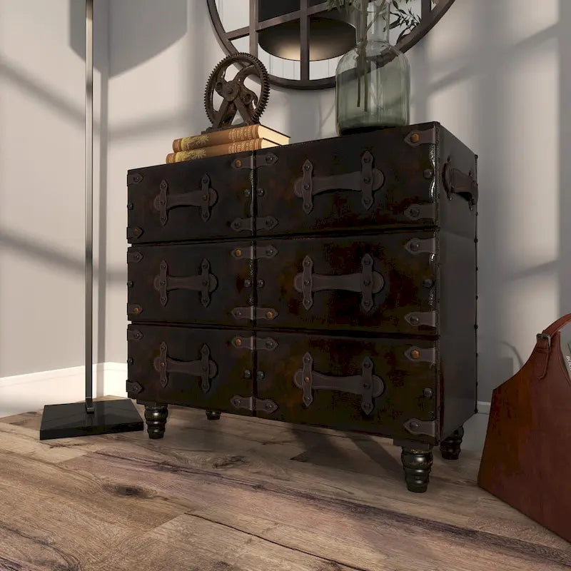 Black 6-Drawer Faux Leather Storage Chest with Rivet Detail