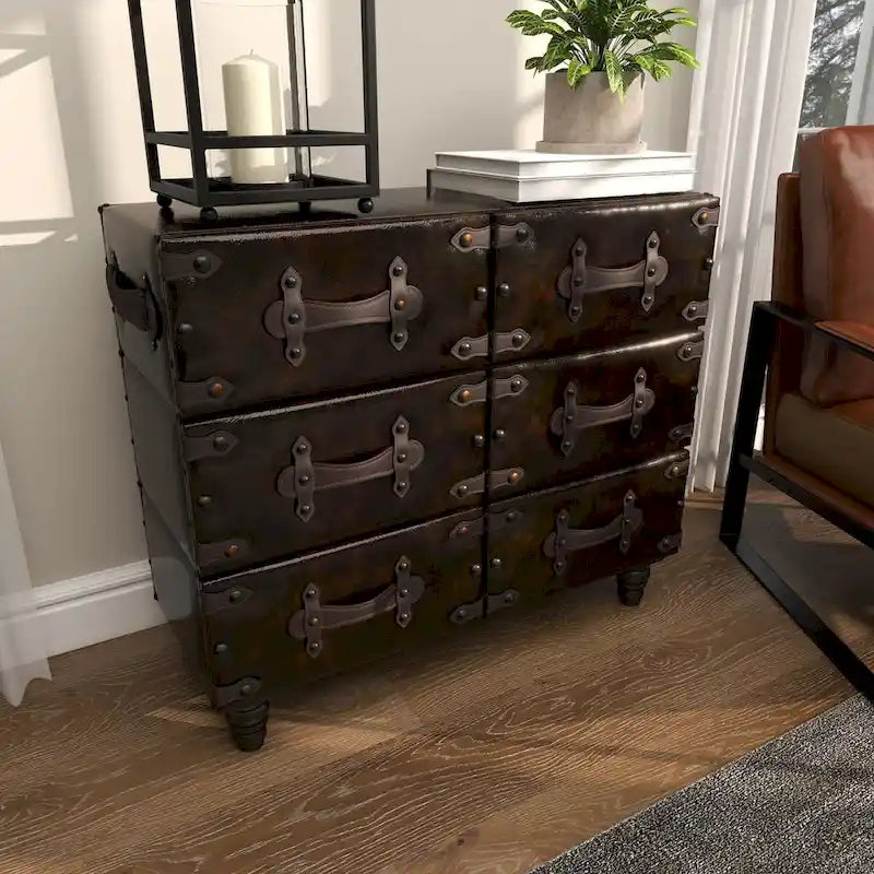 Black 6-Drawer Faux Leather Storage Chest with Rivet Detail