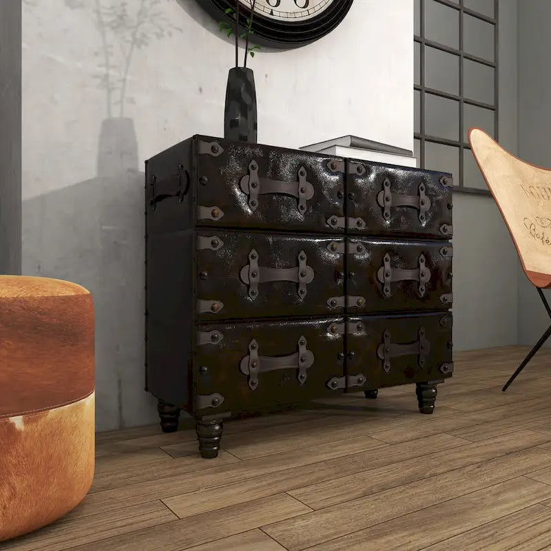 Black 6-Drawer Faux Leather Storage Chest with Rivet Detail