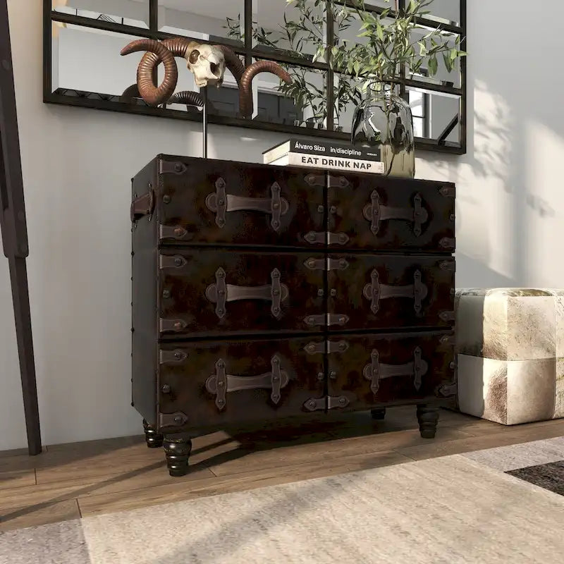Black 6-Drawer Faux Leather Storage Chest with Rivet Detail