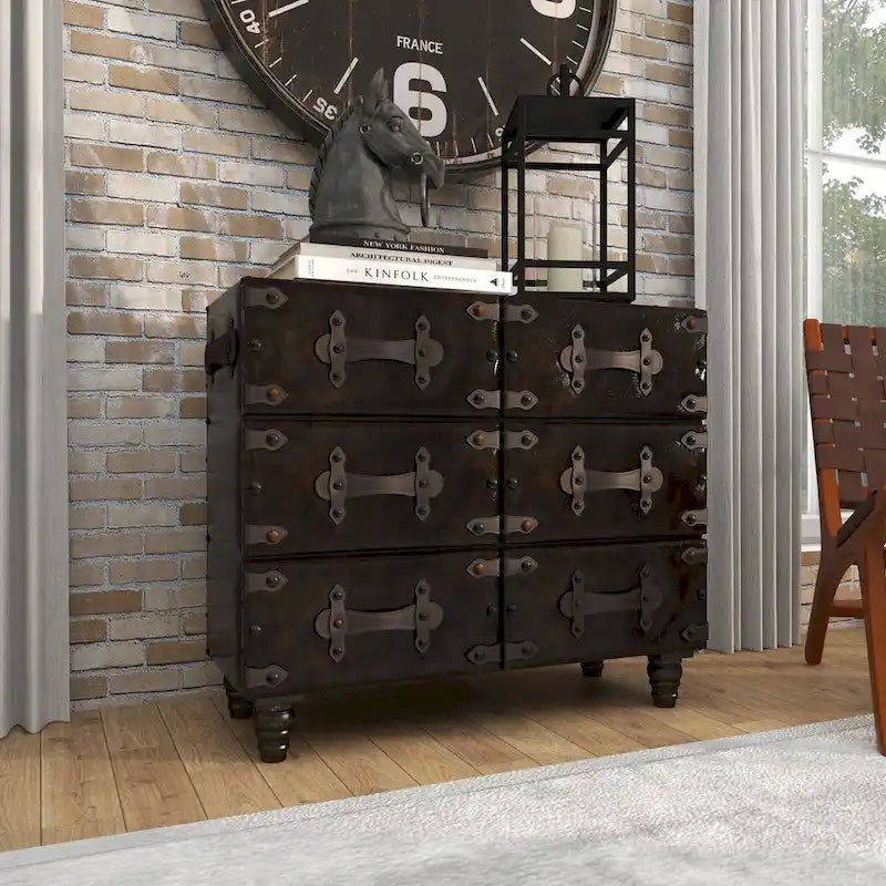 Black 6-Drawer Faux Leather Storage Chest with Rivet Detail