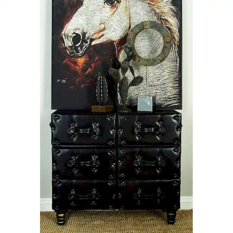 Black 6-Drawer Faux Leather Storage Chest with Rivet Detail