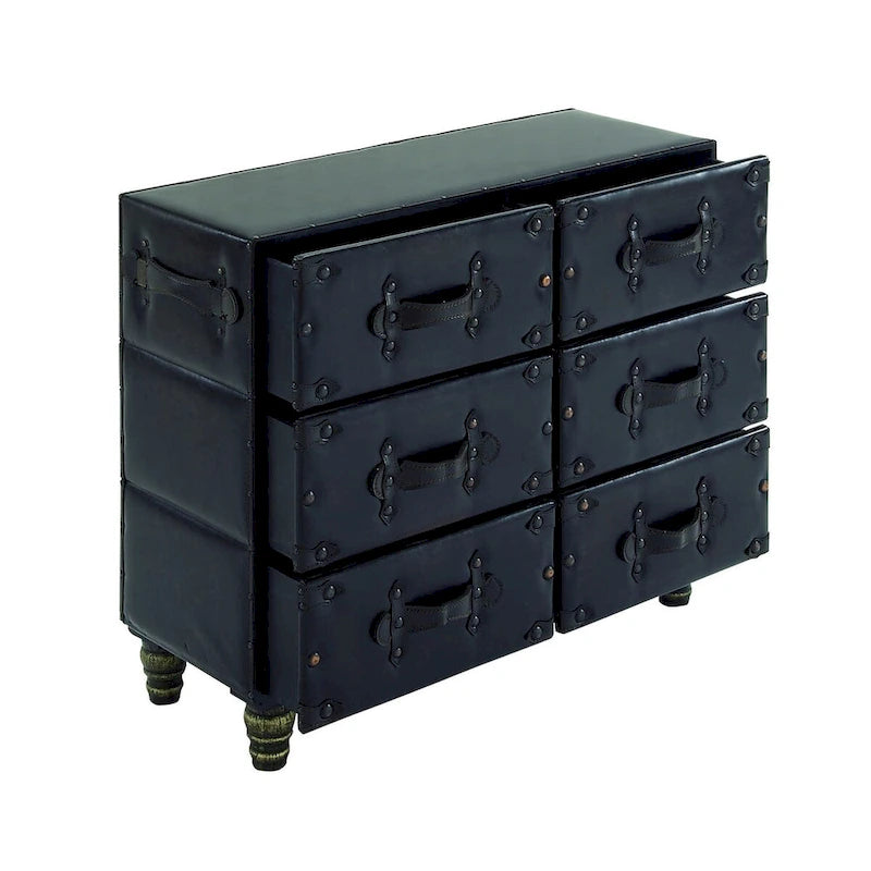 Black 6-Drawer Faux Leather Storage Chest with Rivet Detail