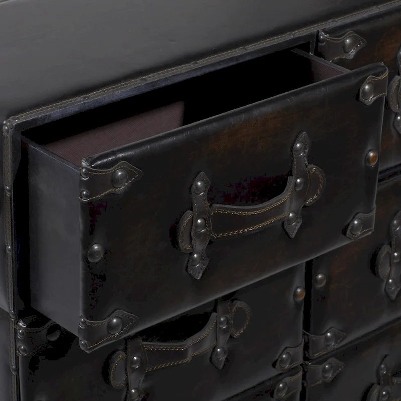 Black 6-Drawer Faux Leather Storage Chest with Rivet Detail