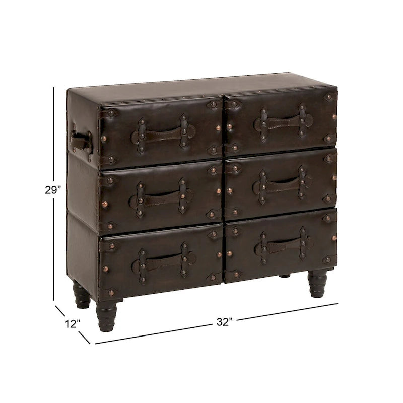Black 6-Drawer Faux Leather Storage Chest with Rivet Detail