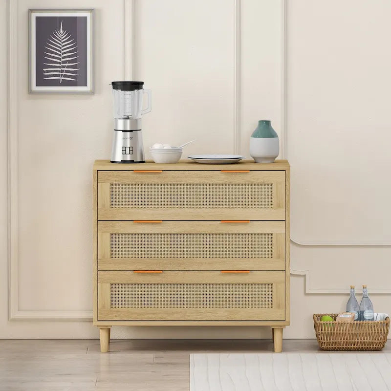 Oak Rattan 3-Drawer Storage Cabinet with Smooth Glide Rails, Single, Freestanding