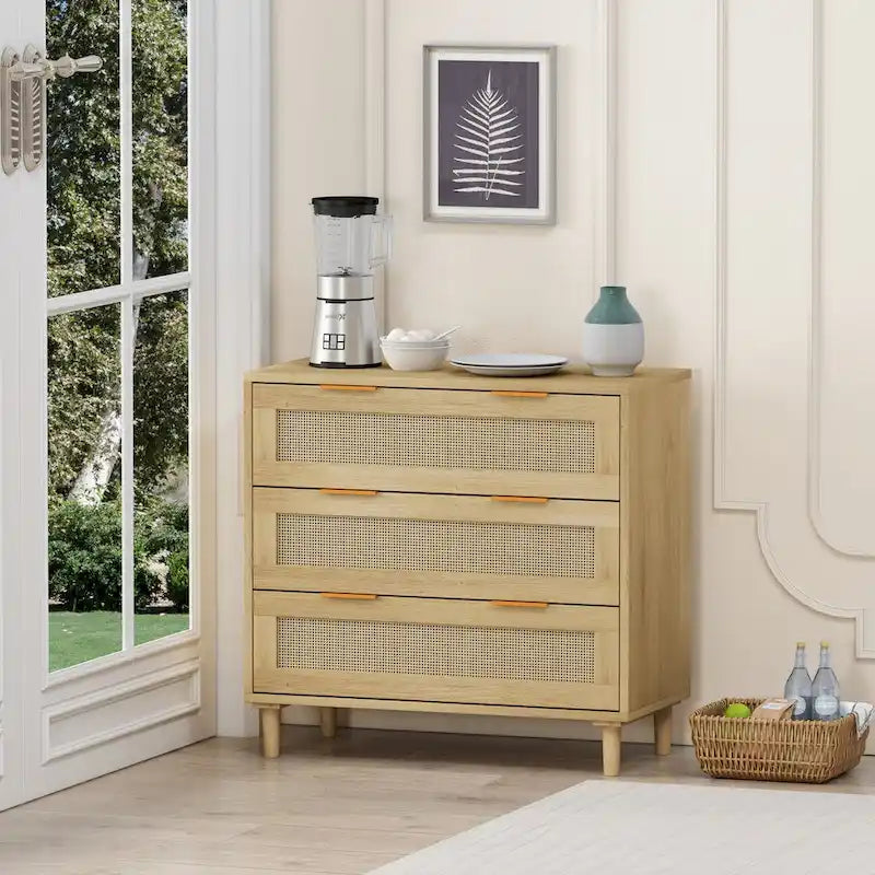 Oak Rattan 3-Drawer Storage Cabinet with Smooth Glide Rails, Single, Freestanding