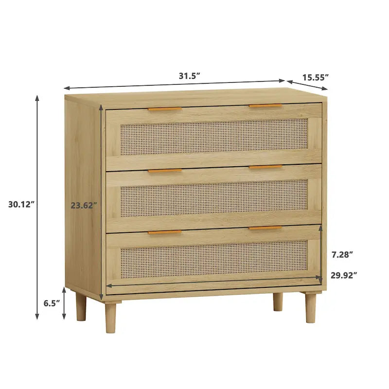 Oak Rattan 3-Drawer Storage Cabinet with Smooth Glide Rails, Single, Freestanding