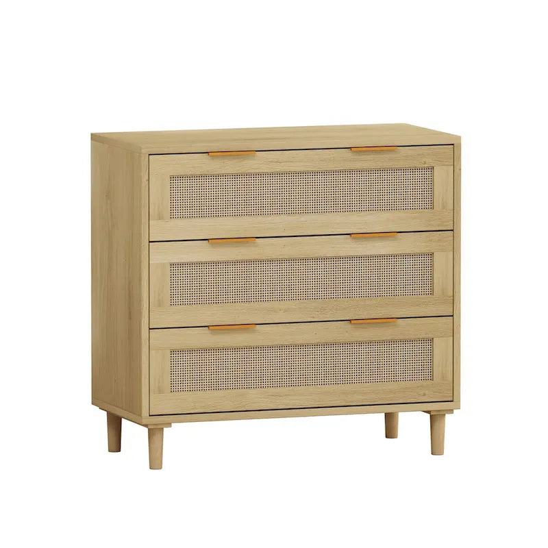 Oak Rattan 3-Drawer Storage Cabinet with Smooth Glide Rails, Single, Freestanding