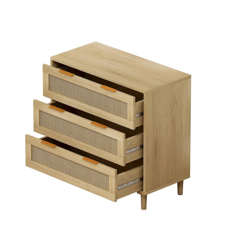 Oak Rattan 3-Drawer Storage Cabinet with Smooth Glide Rails, Single, Freestanding