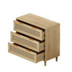 Oak Rattan 3-Drawer Storage Cabinet with Smooth Glide Rails, Single, Freestanding